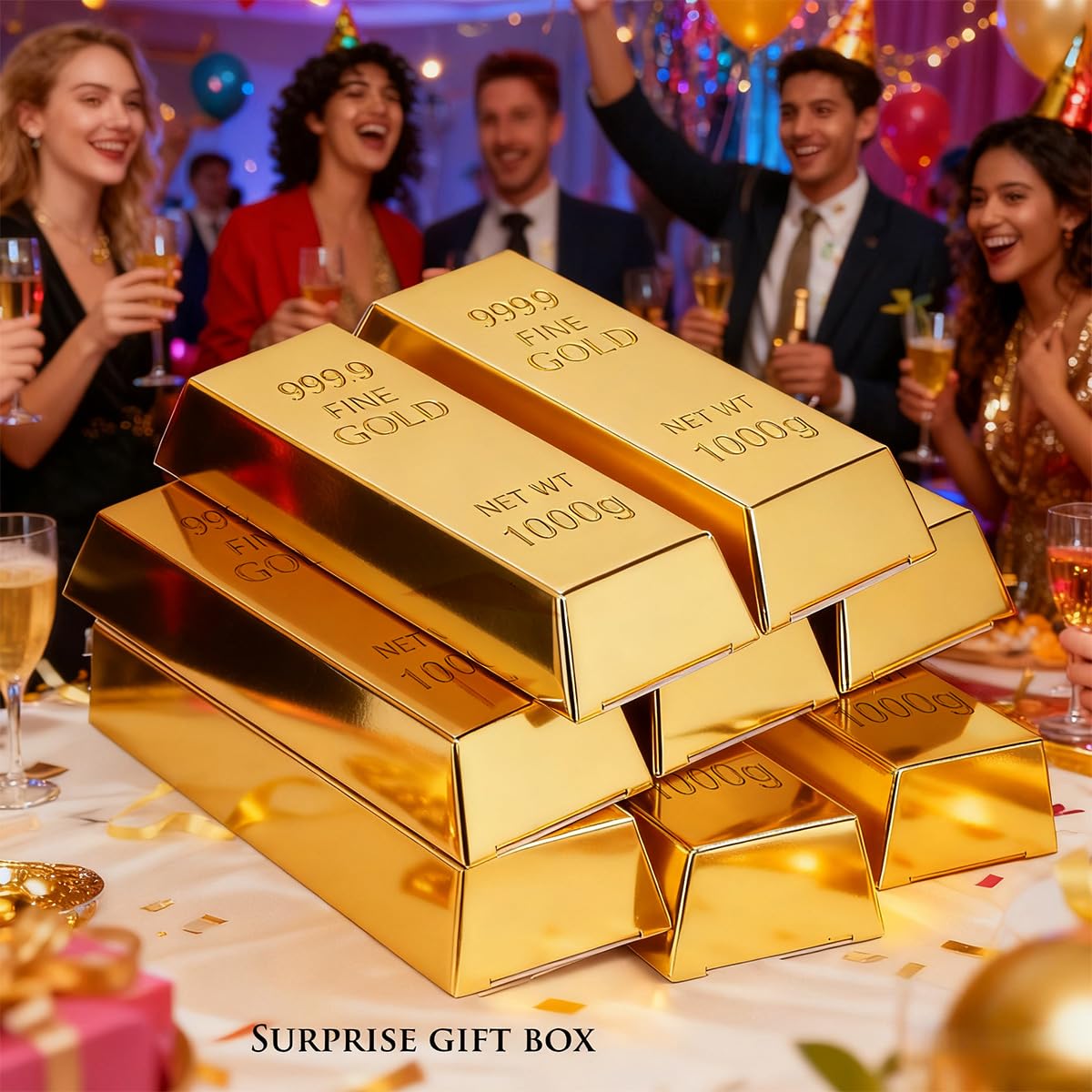 Rowcay 48 Pcs Fake Gold Bar Party Favor Boxes, Foil Paper Golden Treasure Brick Gift Boxes for Pirate Casino Theme Decorations, Candy Chocolate Treats Toys Coins(5.5 x 3.2 x 1.6 Inches)