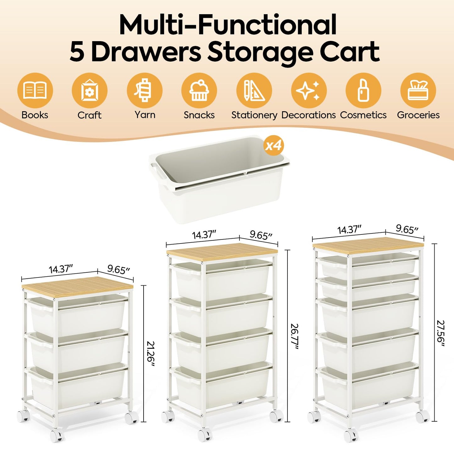 Rolling Storage Cart with 4 Drawers, Craft Organizer, Wooden Tabletop Utility Cart for Bedroom, Children's Room and Office Organization, Table Side Trolley with Lockable Wheels, White