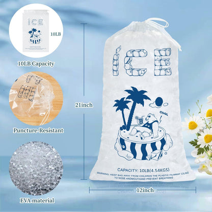 Ice Bags 10 Lb. with Drawstring, 50 Pack Heavy-Duty Reusable Ice Cube Bags, 21 x 12 inch Portable Storage