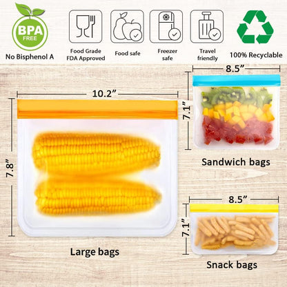 IDEATECH Reusable Storage Bags, 10 Pack BPA Free PEVA Freezer Bags, Reusable Gallon and Sandwich Bags for Women, Men
