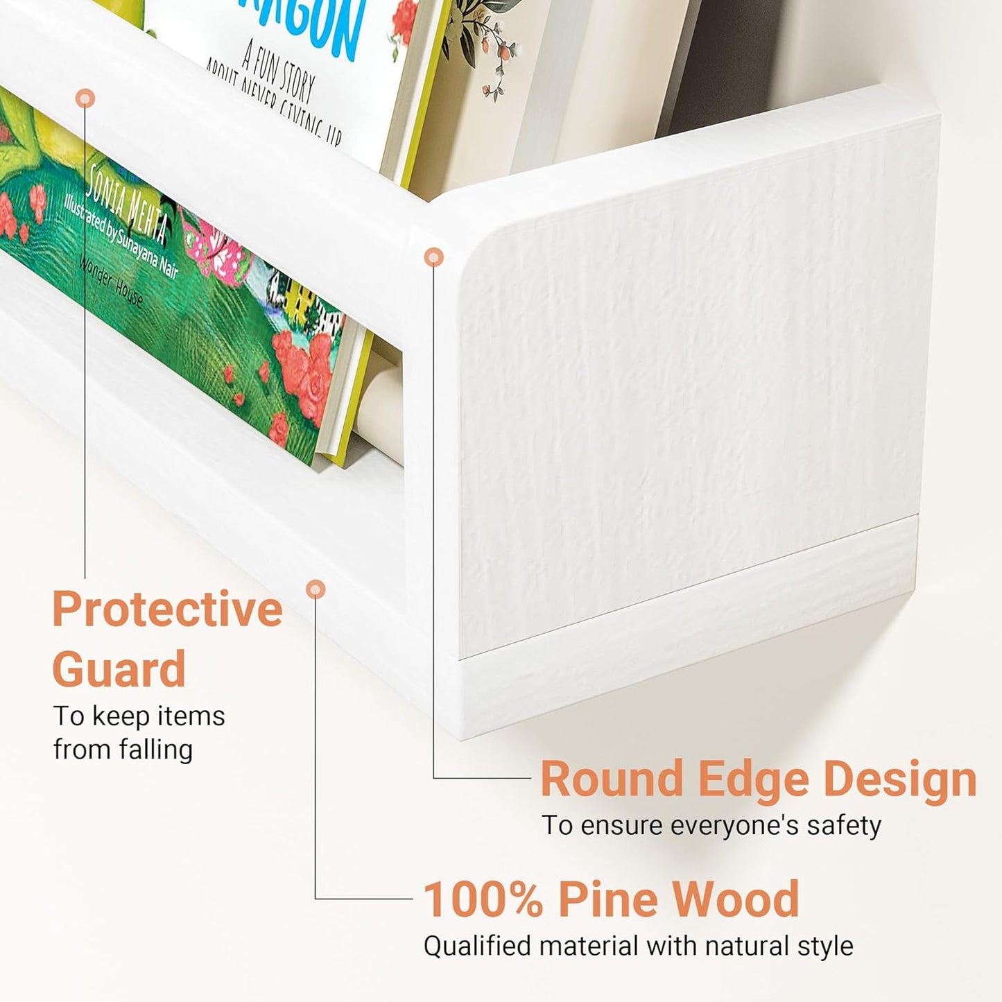 Heimlove 32 inch Set 3 Nursery Floating Shelves, Solid Wood Nursery Book Shelves for Wall, Bookshelf for Kids, Wall