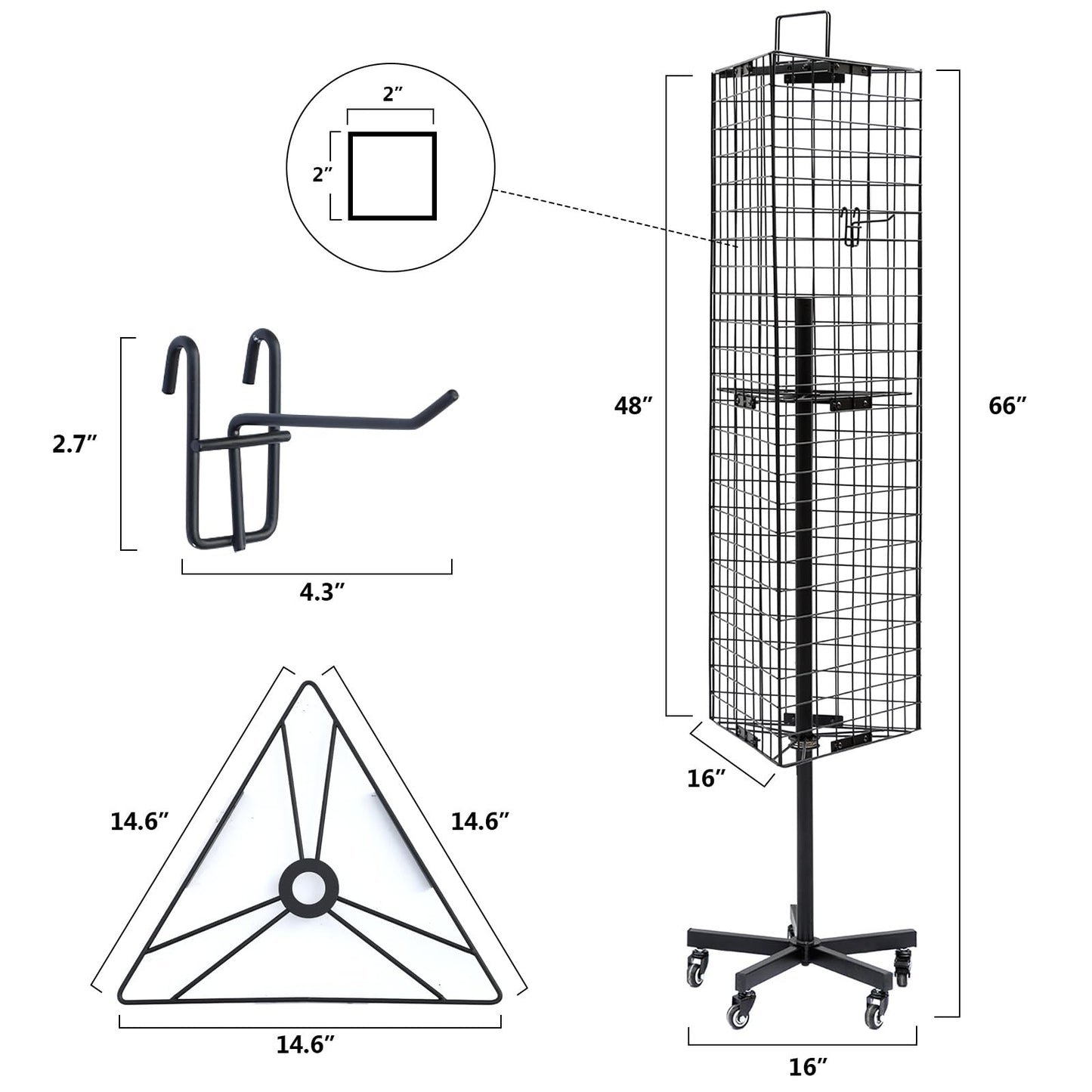 NectaCol Triangular Gridwall Panel Display Stand with Base and Pole, Black Grid Wall Panels with Wheels, Craft Gridwall Display Rack, Art Display Stand, Show Rack, Extra 12pcs Hooks