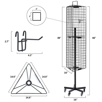 NectaCol Triangular Gridwall Panel Display Stand with Base and Pole, Black Grid Wall Panels with Wheels, Craft Gridwall Display Rack, Art Display Stand, Show Rack, Extra 12pcs Hooks