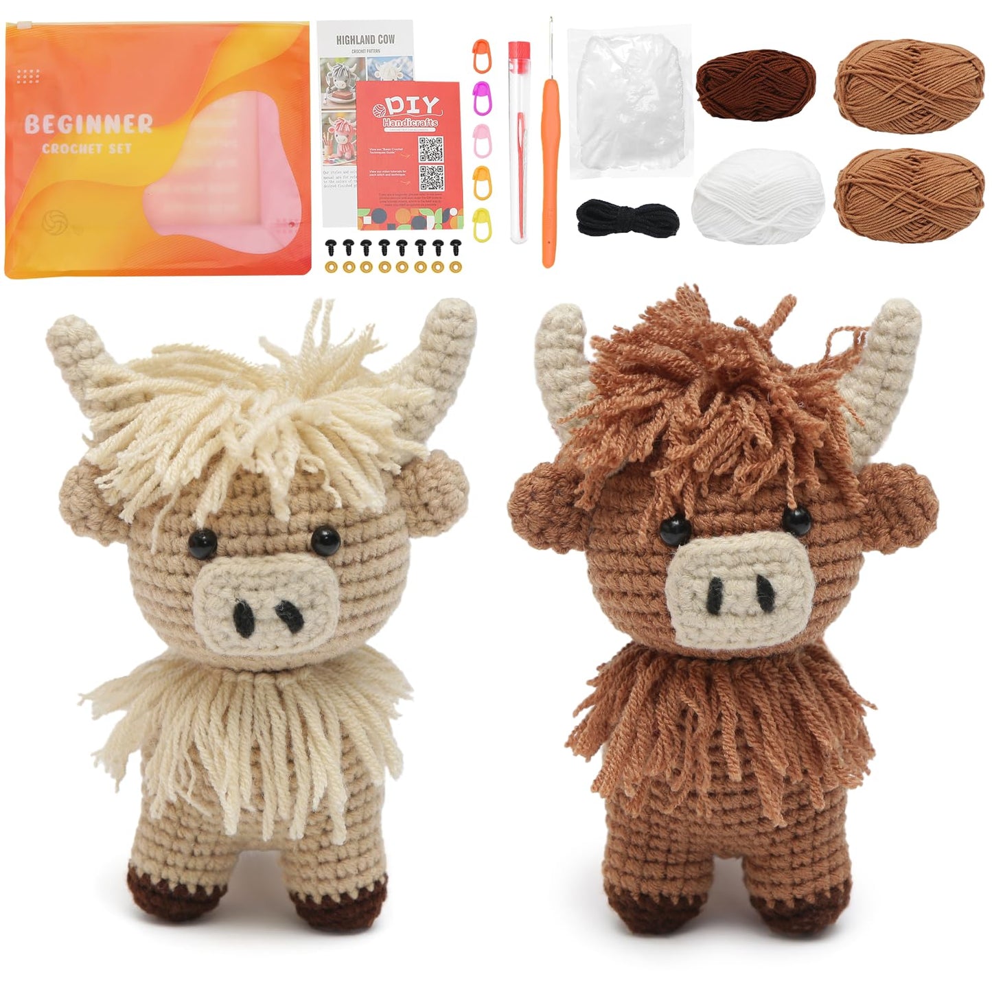 GONELYON Crochet Kit for Beginners, 2 PCS Crochet Animal Kit Highland Cattle, with Step-by-Step Video Tutorials, Beginner Crochet Kit for Adults, DIY Amigurumi Animal Craft Kit