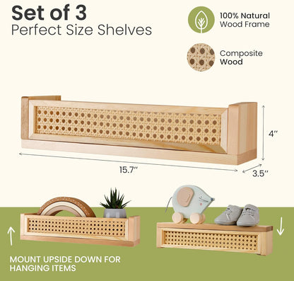 3 Pack, 16 Inch Rattan Wall Shelf Floating Shelves for Nursery, Boho Bookshelf for Baby Room Decor