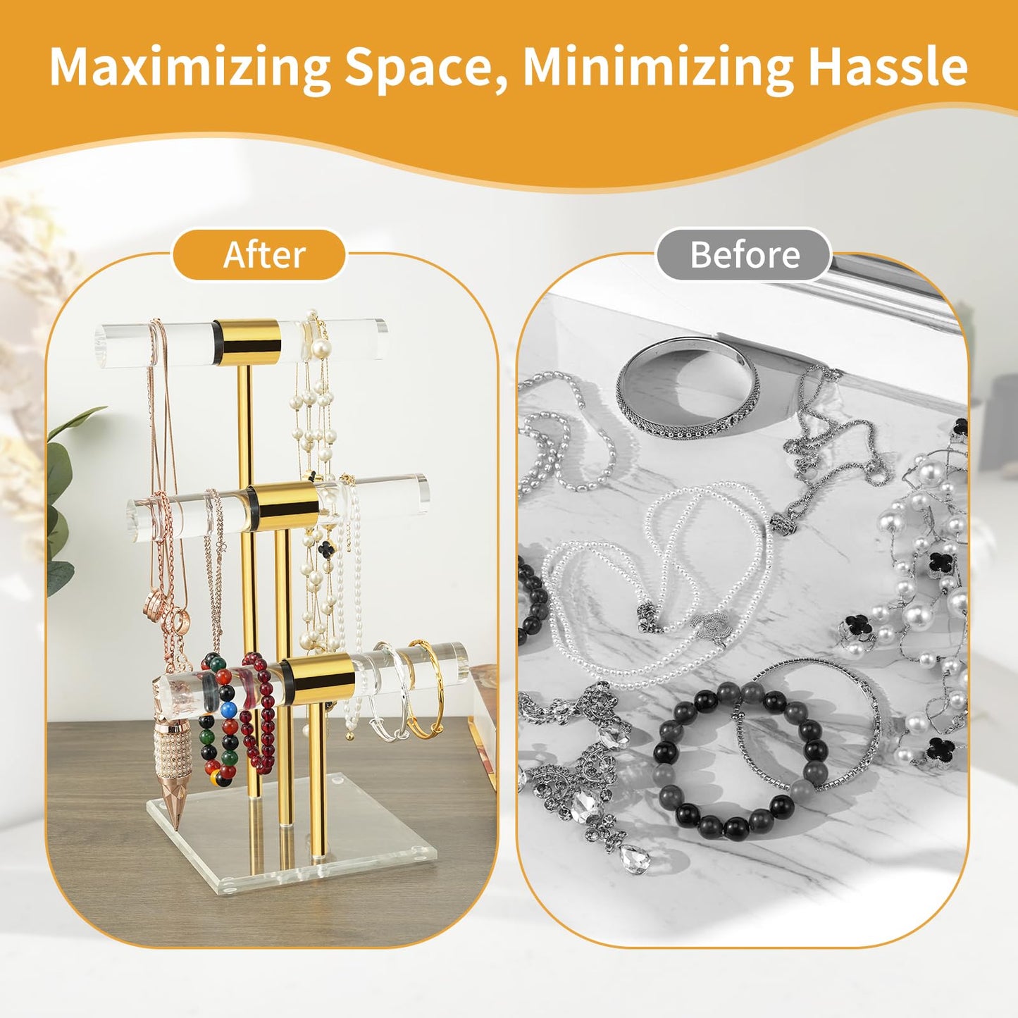 3 Tier Tangle-free Bracelet Display Stands, Acrylic T-Bar Jewelry Display Holder, Clear Gold Necklace Organizer with Stainless Rod, Women Men Vendors Retail Store Counter Jewelry Hanging Stand