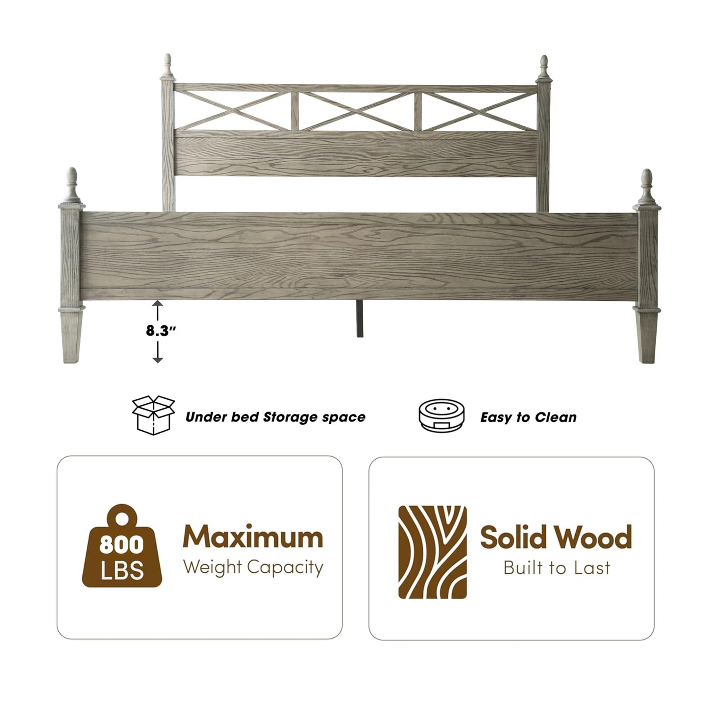 King Size Platform Bed Frame with Solid Wood Headboard & Footboard, 12 Heavy-Duty Slatted, Metal Legs, Anti-Slip & Noise-Free, Easy Assembly, No Box Spring Needed, Weathered Gray Oak Finish RIK-34