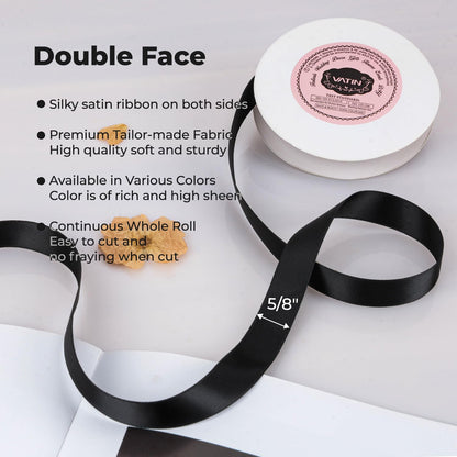 VATIN Double Face Black Satin Ribbon 5/8" Continuous 25 Yards,Black Polyester Fabric Ribbon use for Bows Bouquet, Gift Wrapping, Floral Arrangement Wedding Decoration