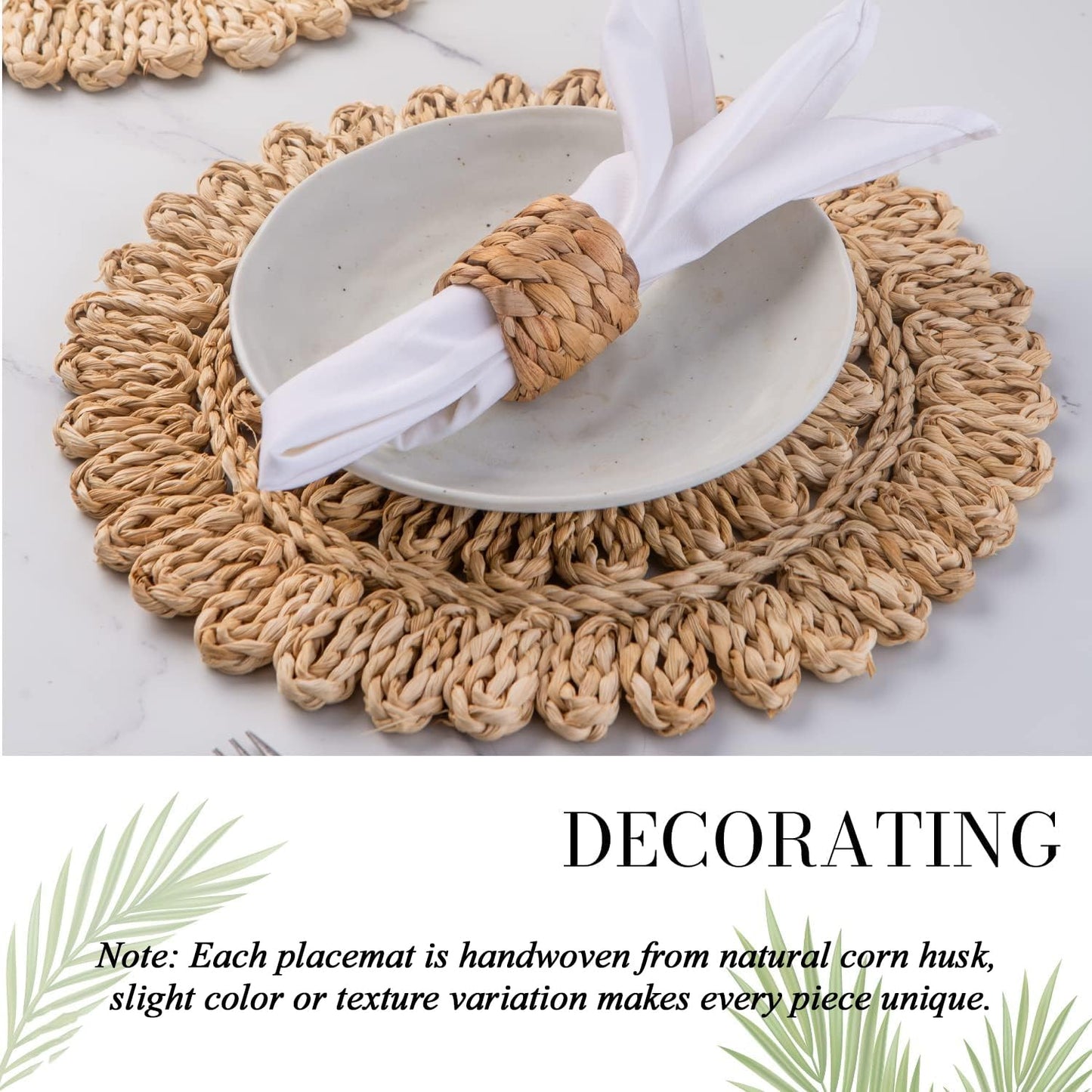 Laquedecraft 13.8" Set of 6 Round Corn Husk Placemats | Boho Woven Rattan Table Mats | Farmhouse Wicker Spring Plate Chargers Like Water Hyacinth, Seagrass for Wedding, Party, Christmas, Events