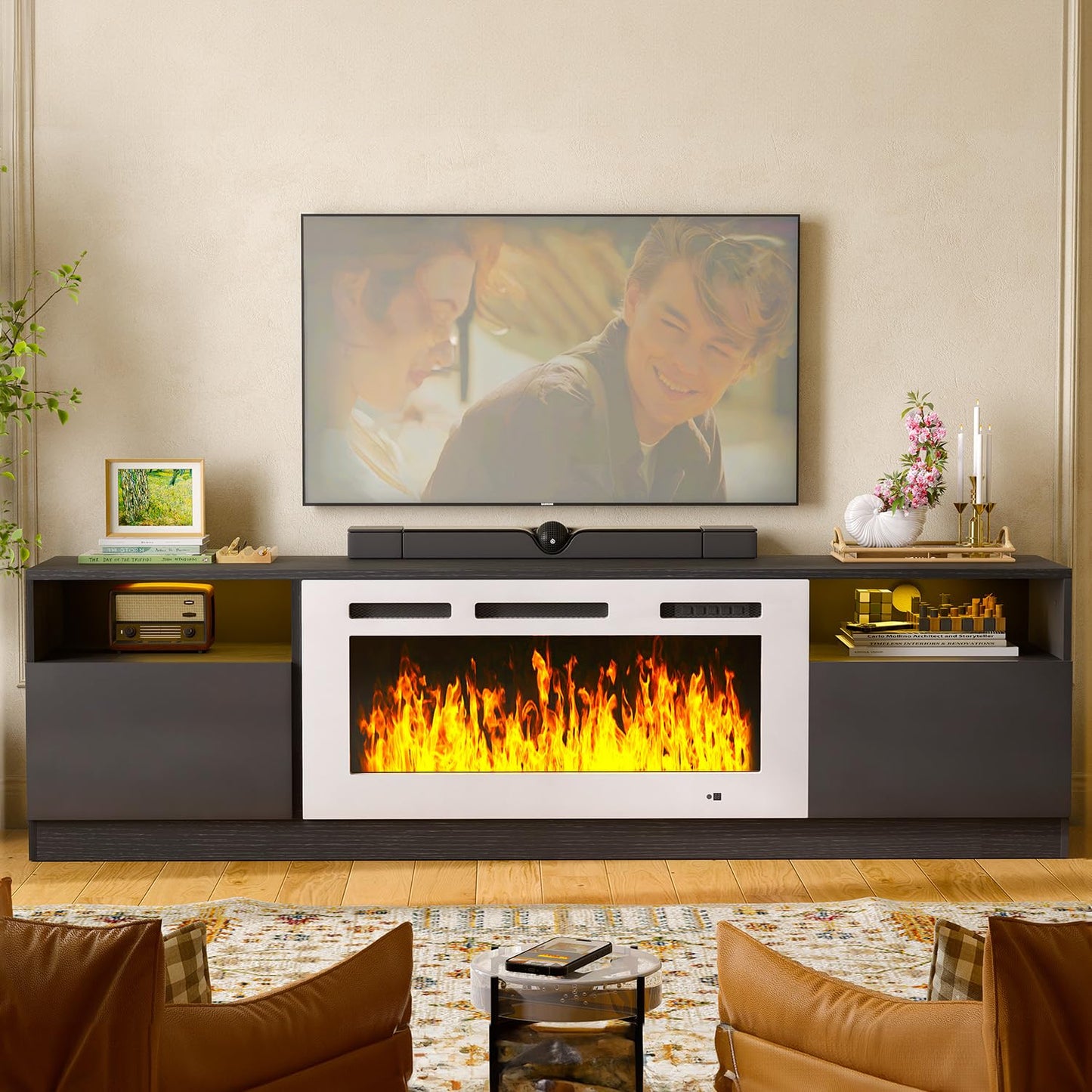 MXV 80" Fireplace TV Stand for TVs Up to 90", LED Light Entertainment Center with 36" Electric Fireplace, Modern Wood Texture TV Media Console with Highlight Storage Cabinet, Black-White