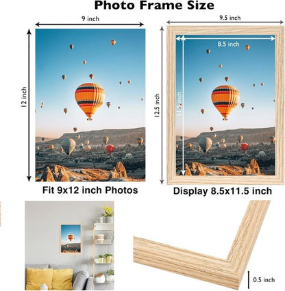 JCJMY 9x12 Picture Frame - Shatter Resistant Plexiglass for Wall Mounting | Natural Finish, Horizontal or Vertical Display