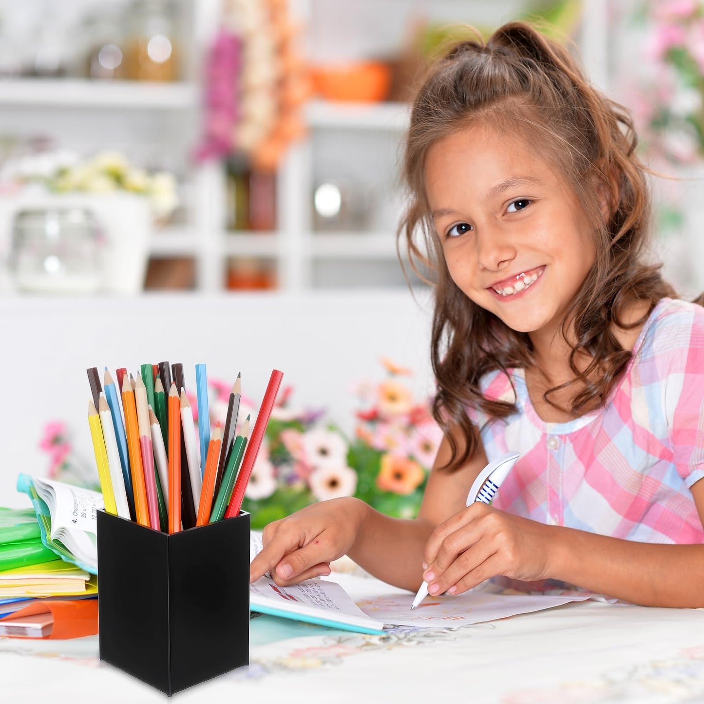 Limbeuuu 10 Pack Black Acrylic Pen Holder, Desktop Pencil Organizer Makeup Brush Holder Acrylic Pencil Cup Stationery Storage for Desk Office Pen Organizer