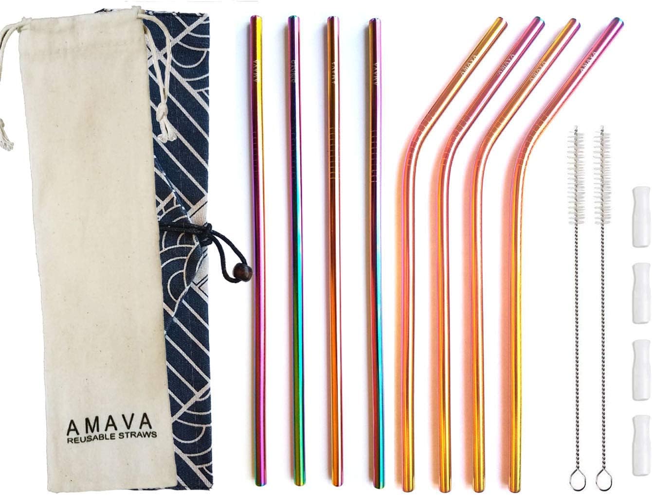 Reusable Straws Set, Stainless Steel Metal, Colorful, Includes 8 Straws, 4 Silicone Tips, 2 Cleaning Brushes, Travel