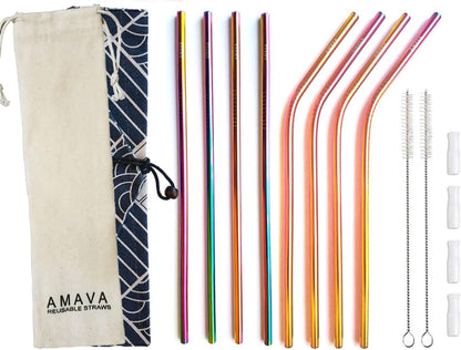 Reusable Straws Set, Stainless Steel Metal, Colorful, Includes 8 Straws, 4 Silicone Tips, 2 Cleaning Brushes, Travel