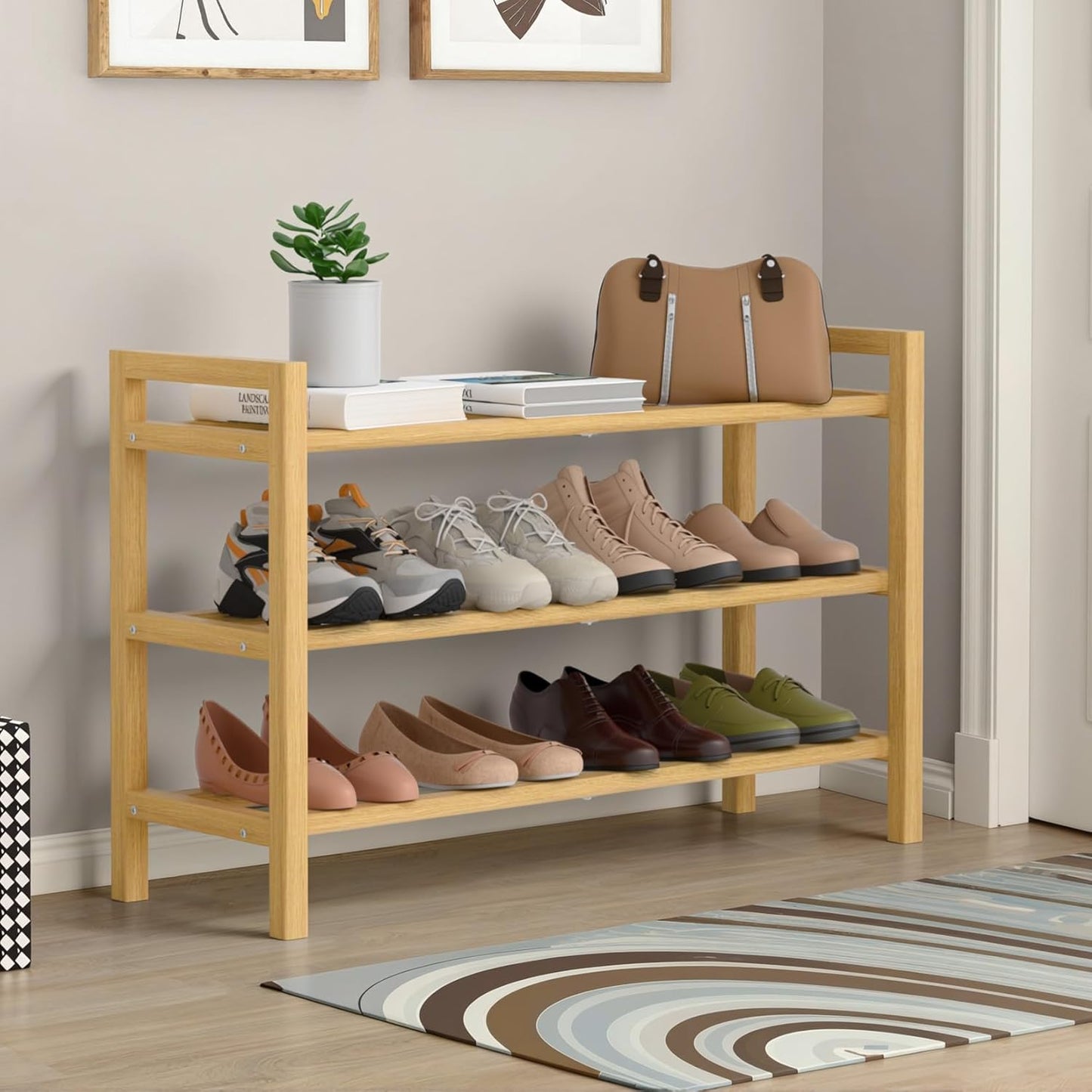 Closet, 3-Tier) Haddockway Bamboo Shoe Rack for Free Standing Shoe Organizer with Smooth Round Rods & Convenient