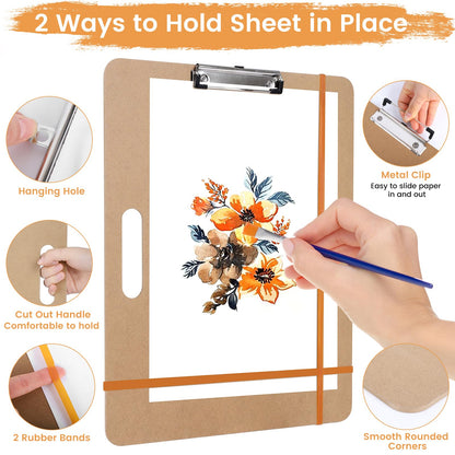 2 Pack Drawing Board, 17 x 13 Inch Portable Sketch Boards with 2 Rubber Bands, Easy to Use and Carry Art Clipboard for Painting in Class Studio Travel, Brown