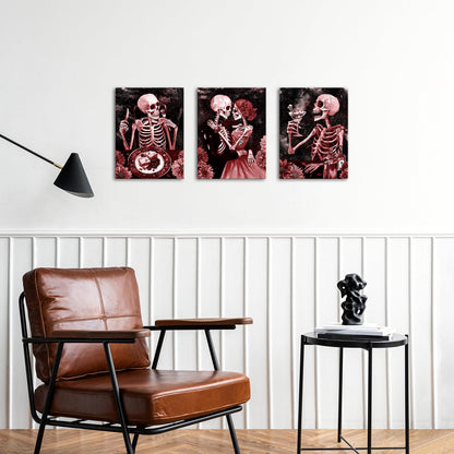 FuShvre Gothic Wall Art Skeleton Pictures Painting Canvas Red Moody Romantic Home Kitchen Restaurant Wall Decor Framed 12x16 inches each (Red)