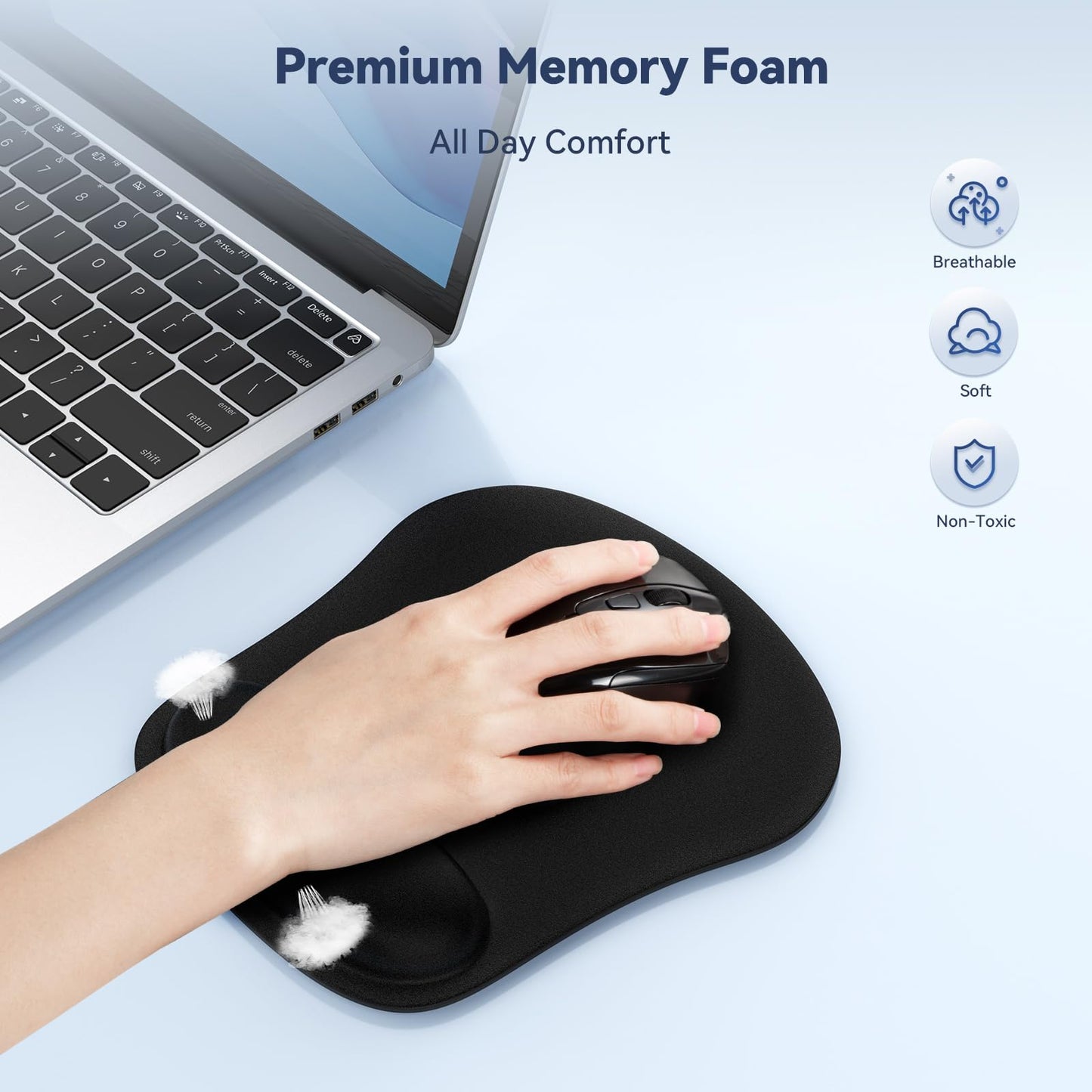 TECKNET 3 Pack Mouse Pad with Wrist Support, Ergonomic Gaming Mouse Pad Pain Relief, Portable Comfortable Mousepad for Computer, Laptop, Office, Home Non-Slip Base, Waterproof Surface - Black