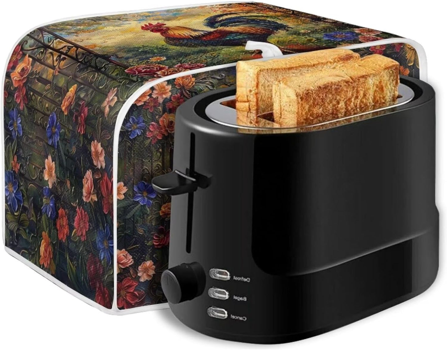 Rooster Flower Toaster Cover, 2 Slice, Brown Washable Dustproof Bread Maker Protector, Kitchen Appliance Gift for Mom