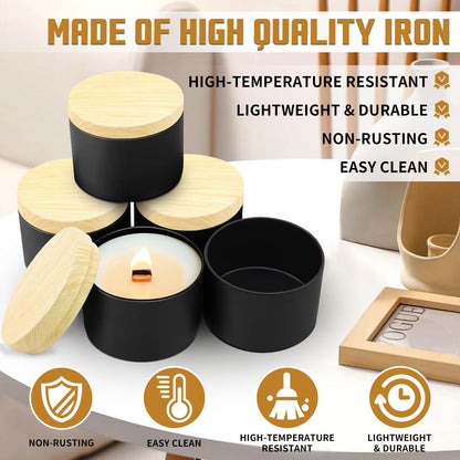 YJHSS 48-Pack Candle Jars, 24pcs 8oz + 24pcs 4oz Candle tins with Metal Wood-Grain Printing Lids, Empty Candle Jars for Making Candles Bulk Candle Containers-Black