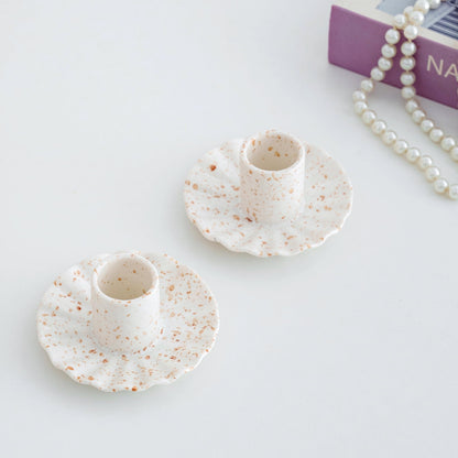 VIRFONOR Ceramic Taper Candle Holders for Table Centerpiece, Decorative Candlestick Holders for Home Wedding Party, Housewarming Gifts, Pack of 2, Round Shape, White with Brown Splatter Ink Design