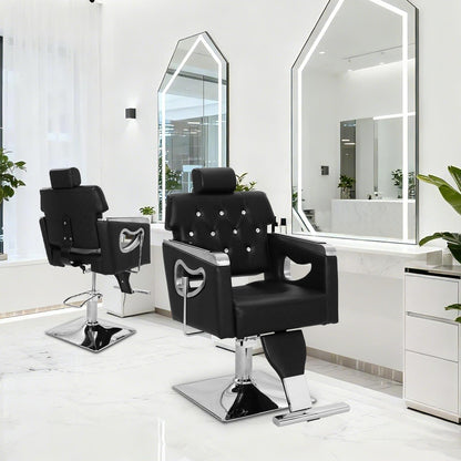 GarveeHome Barber Chair, PU Leather Reclining Salon Chair for Hair Stylist with High-Density Sponge Cushion, Hydraulic Pump Adjustable Height, 360° Swivel, Beauty Spa Equipment, Black and Chrome