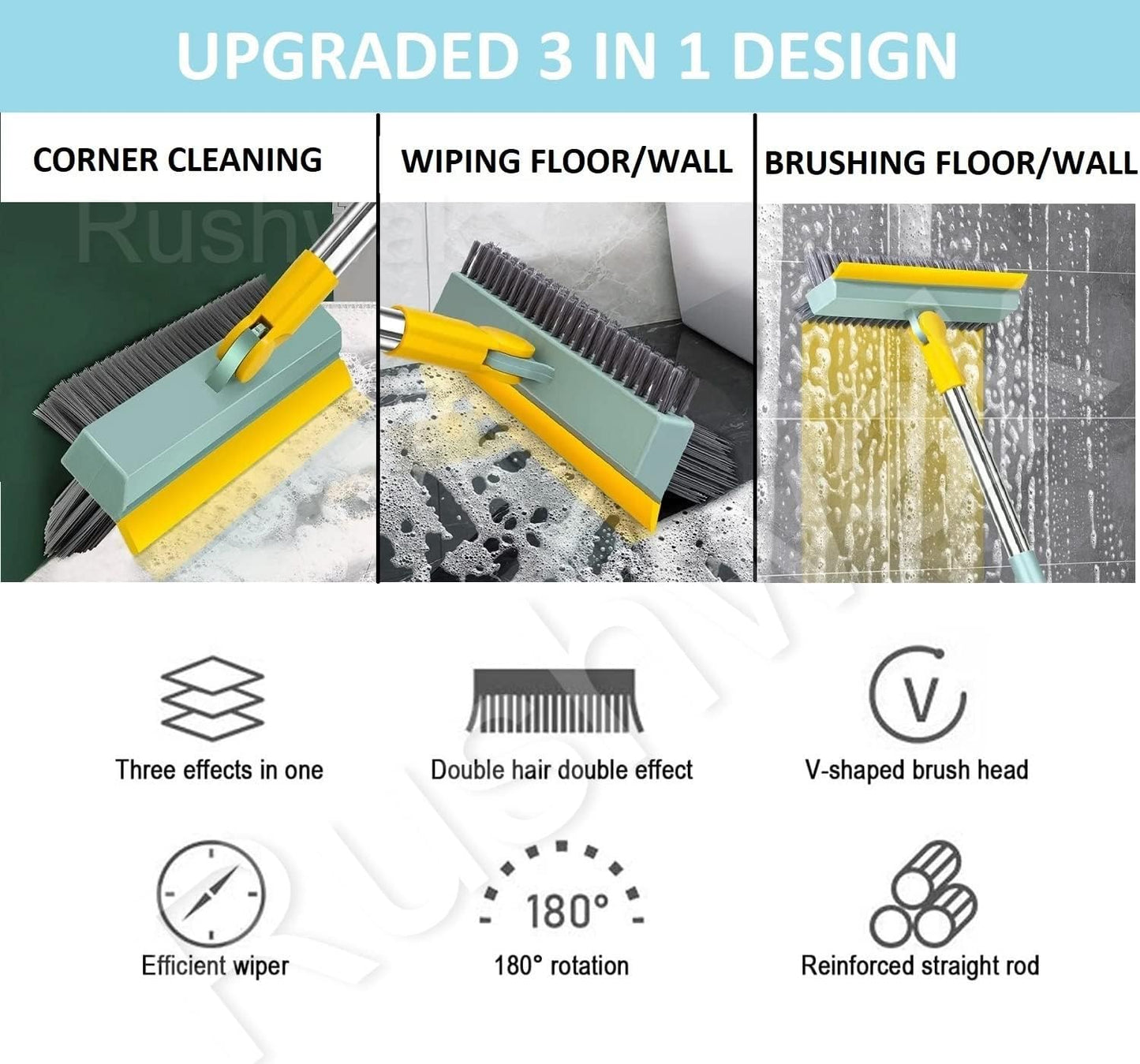 Rushwak 3 1 180 in Long Handle Bathroom Cleaning Brush with Wiper, Rotate for Floor/Toilet Cleaning (Multicolor)