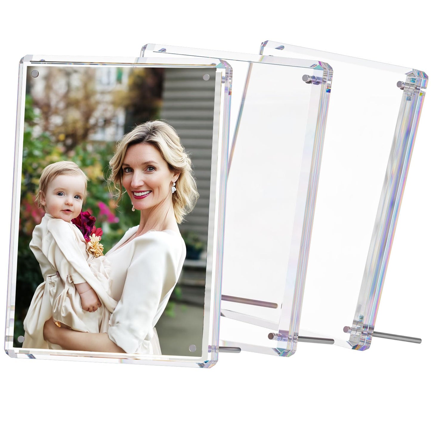 AITEE 4x6 Acrylic Picture Frame 3 Pack - Magnetic Lucite Frames with Stand, Clear 4x6 Photo Frames with Diamond Edge, Floating Frameless Design for Desktop, Wall, Office Decor