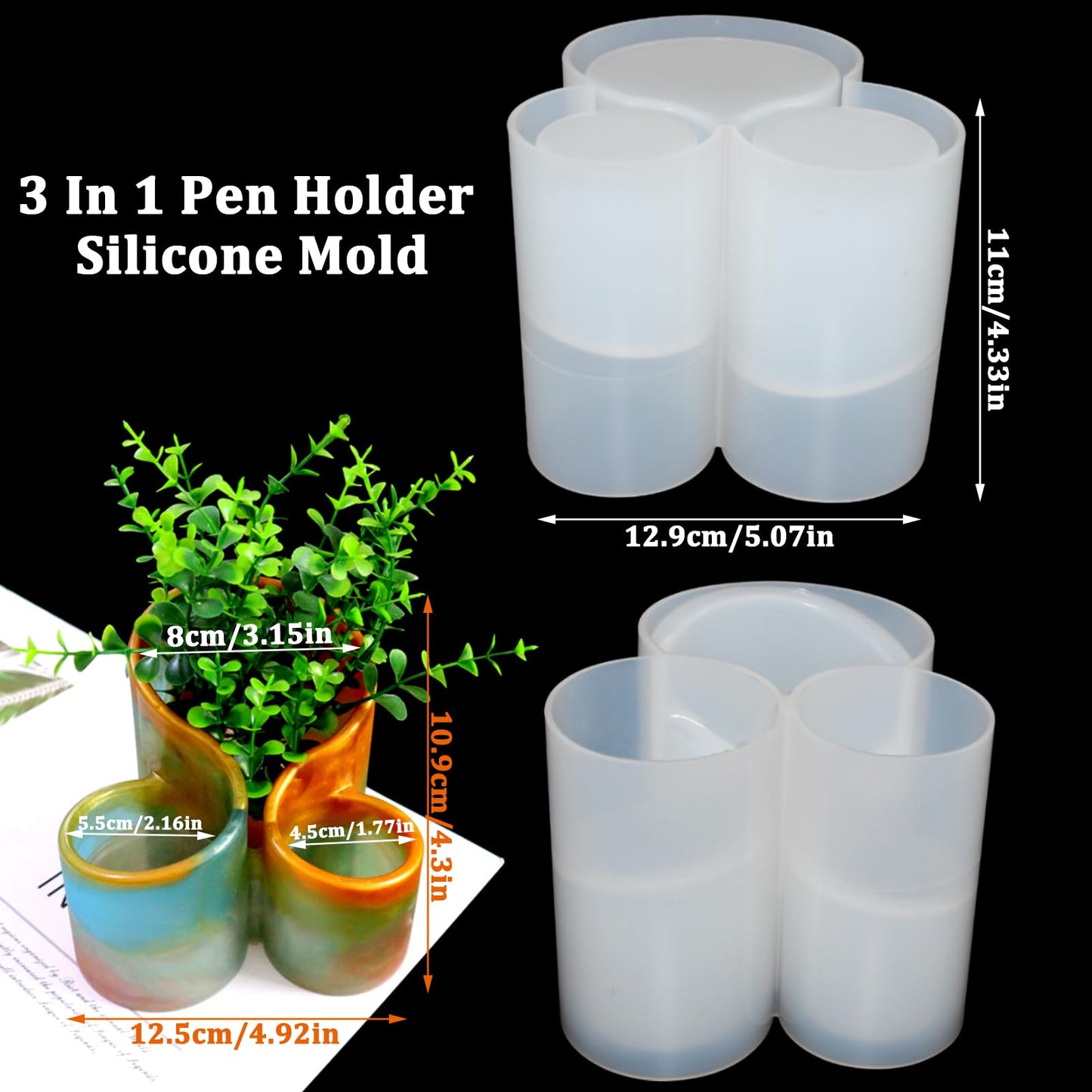 3-Slots Pen Holder Silicone Mold Elegant Makeup Organizer Trinket Container Epoxy Resin Mold Cosmetics Brush Storage Box Mould for Resin Clay Craft Making