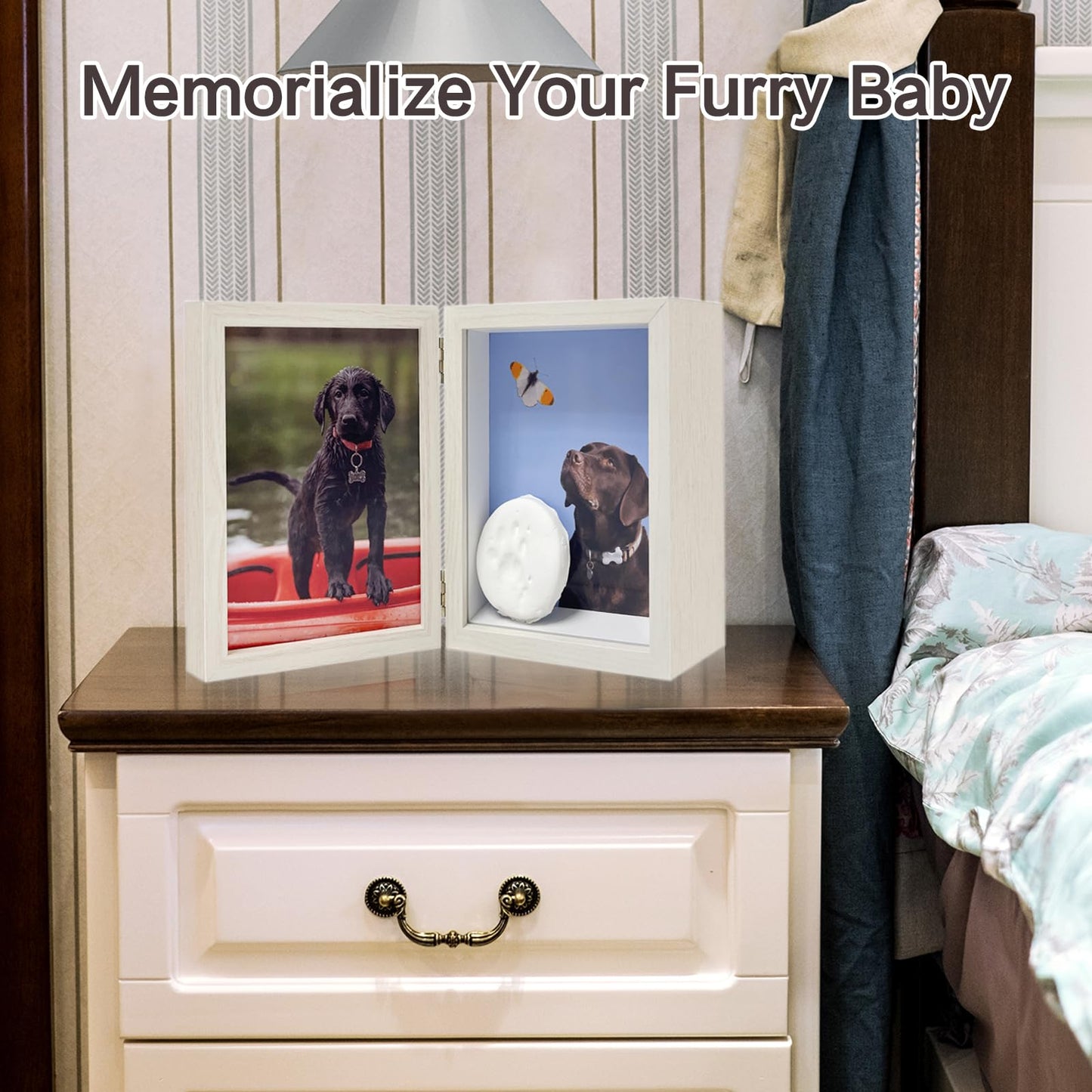 Favonuovy 5x7 Pet Memorial Picture Frame Shadow Box for Dogs and Cats Frame Keepsake for 3 Photos Pet Paw Print Display Shadow Box with Double Hinges and Glass Front Memorial Gifts for Dog Lovers