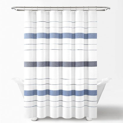 Lush Decor Chic Stripe Yarn Dyed Cotton Blend Shower Curtain Single 72" W x 72" L Navy & Blue - Striped Shower Curtains for Bathroom - Bathroom Curtain