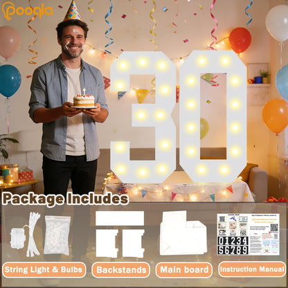 Pooqla 2.4FT Light Up Numbers, Marquee Numbers 2.4 Feet Tall Party Decor for Her Him, Mosaic Big Sign for 3rd 13th 30th Birthday Anniversary Decoration Backdrop, Cool White and Warm White Number 3