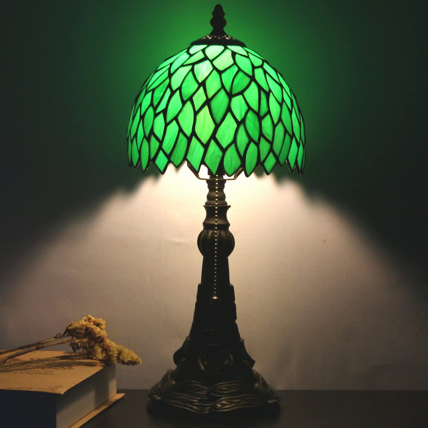 SYETL Small Tiffany Lamp Mini Stained Glass Desk Lamp Vintage Table Lamp Tiffany Style Night Light 8X17.5 Inch (Green Wisteria Leaves Style)