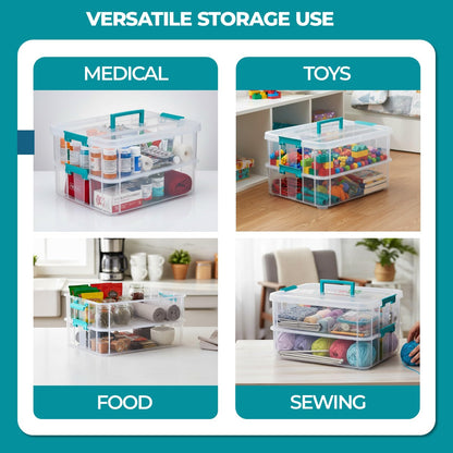 Tribello Craft Box & Art Supply Storage Organizer – Stackable Art Organizer and Craft Storage Box with Handle, 2-Layer Clear Art Supplies Organizer (14 x 10 x 7)