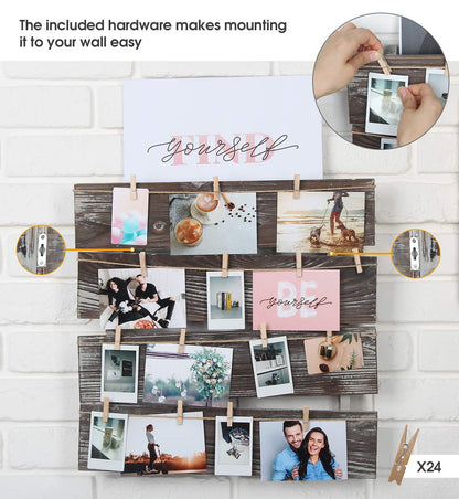 J JACKCUBE DESIGN Wall Mount Rustic Wood Clip Photo Holder, Photo Collage Frame for Multi Photo Display Wall Décor with 24 Clips 17.5 X 17.3inch - MK558A