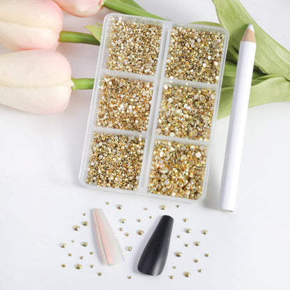 Beadsland 7200pcs Flatback Rhinestones,Gold Rhinestone Nail Gems Round Crystal Rhinestones for Crafts,Mixed 6 Sizes with Wax Pencil Kit, SS3-SS10,Metal Sunlight