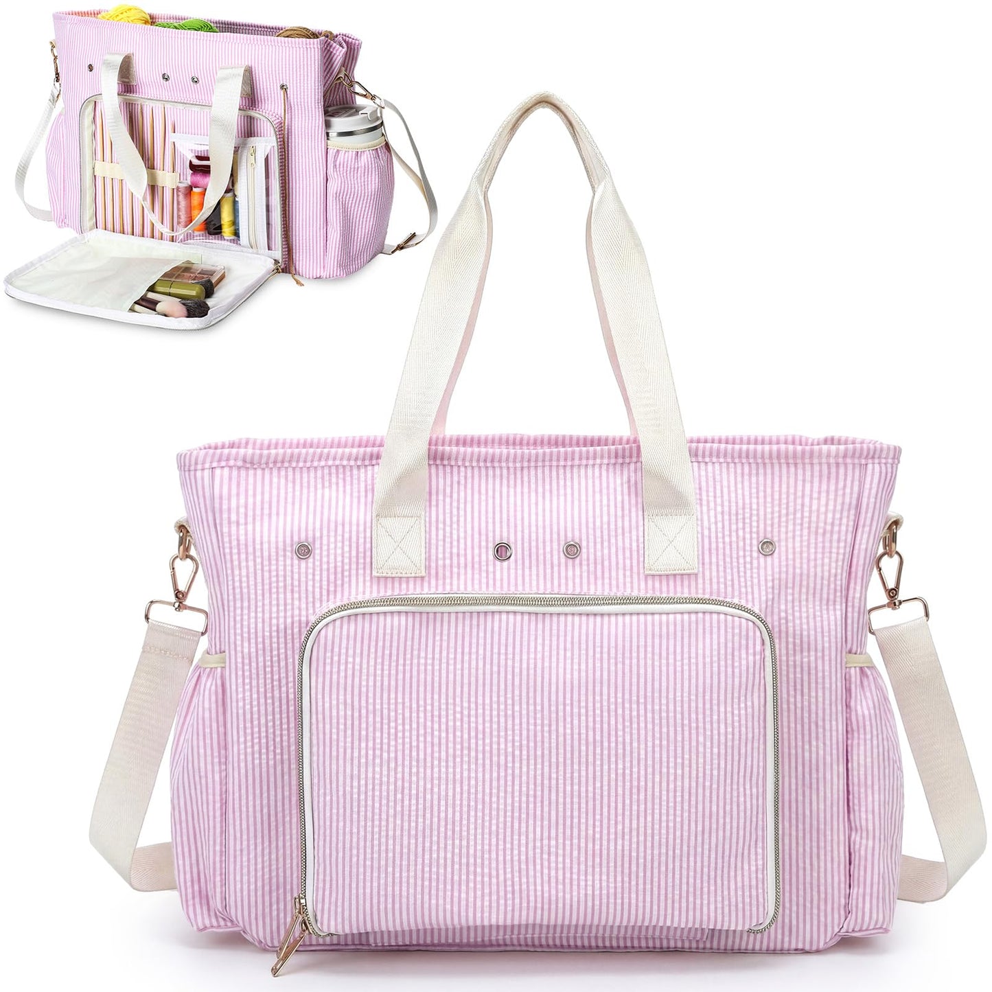 Klyyo Clyro Large Crochet Tote Bag Seersucker Knitting Bag Yarn Storage Tote 15 x 12 Inch Cotton Pink Stripe Crochet Hooks Knitting Accessories Organizer Holder with Zipper for Women DIY Lovers Gift