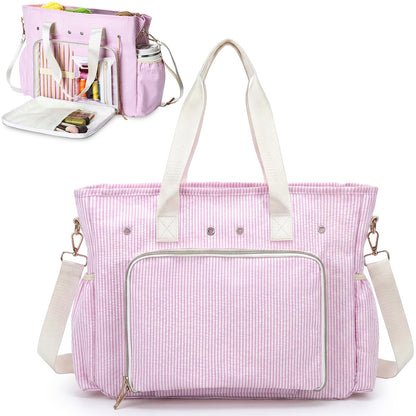 Klyyo Clyro Large Crochet Tote Bag Seersucker Knitting Bag Yarn Storage Tote 15 x 12 Inch Cotton Pink Stripe Crochet Hooks Knitting Accessories Organizer Holder with Zipper for Women DIY Lovers Gift
