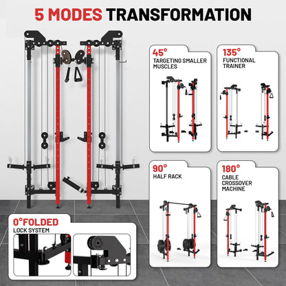Garvee Folding Squat Rack, Wall Mounted Power Rack with Dual Independent Pulley System & Pull Up Bar, Multi-Function Power Cage with for Home Gym Space-Saving