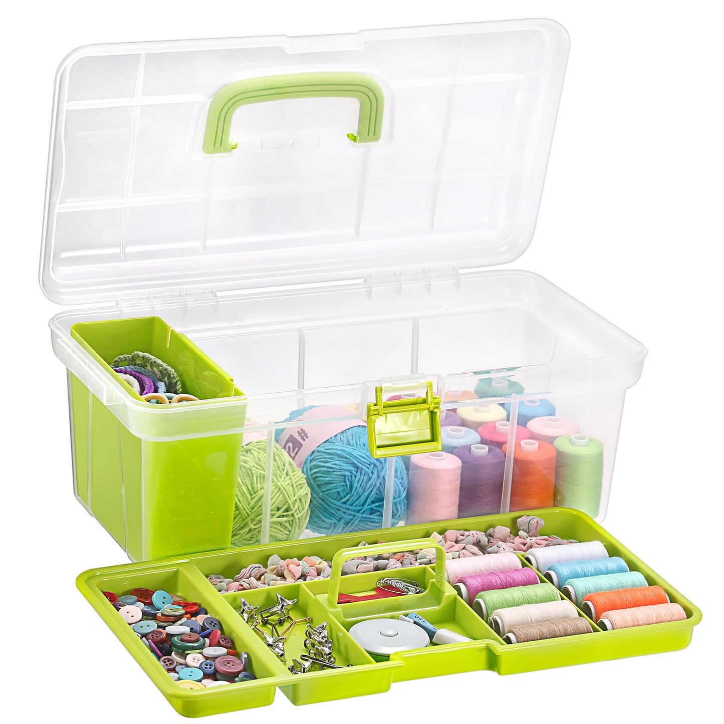 BTSKY 15 Inch Large Capacity Portable Clear Sewing Storage Box - with Removable Compartment Tray, Multi-Layer Sorting Organizer for Thread/Buttons/Tools/Craft DIY, Green