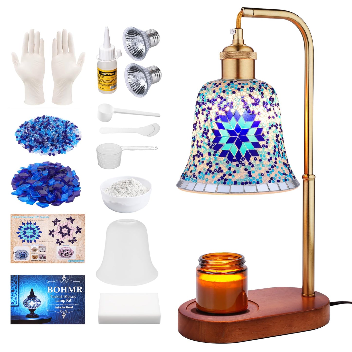 DIY Turkish Mosaic Candle Warmer Lamp Kit, Stained Glass Wax Melt Warmer Lamp Making Kit- Easy,Fun, No Experience Needed, Mosaic Art &Craft Project Kits for Adults &Teens, Make Your Own Lamp, Blue