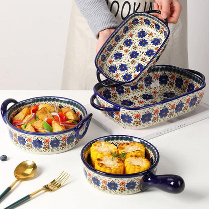 Vintage Style Blue Flowers Pottery Bakeware, Ceramic Casserole Dish, 20 OZ, 1 PCS