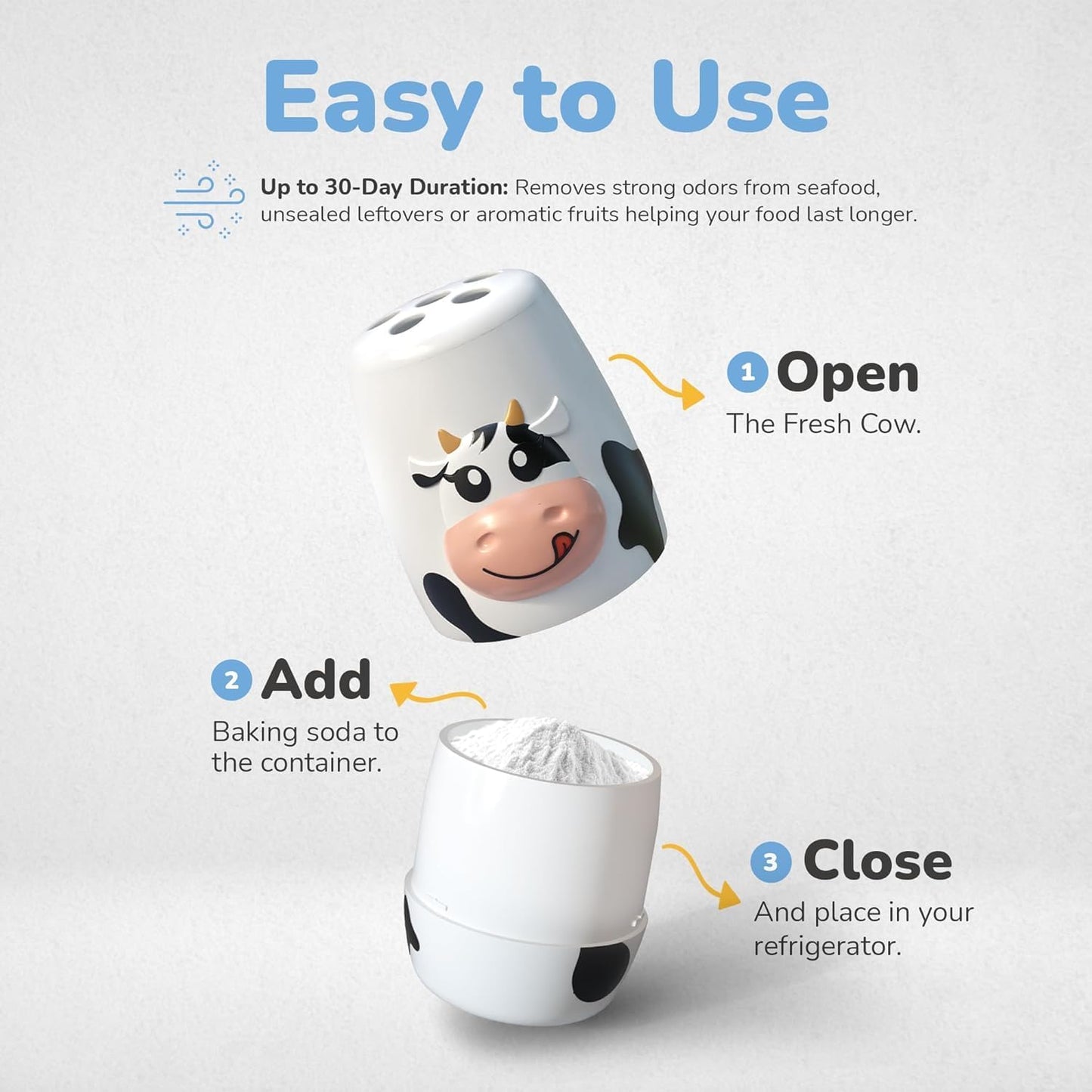 Cow Fridge Baking Soda Deodorizer, Fun Container for Fridge and Freezer Odor Eliminator, BPA-Free Baking Soda