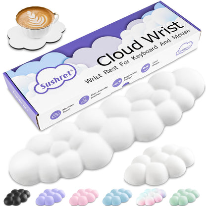 Sushret Cloud Wrist Rest Keyboard, Cloud Keyboard Wrist Pad Set with PU Leather Memory Foam, Cute Arm Rest for Palm Support, PC/Gaming Desk Accessories/Office Setup/Computer Hand Cushion - White
