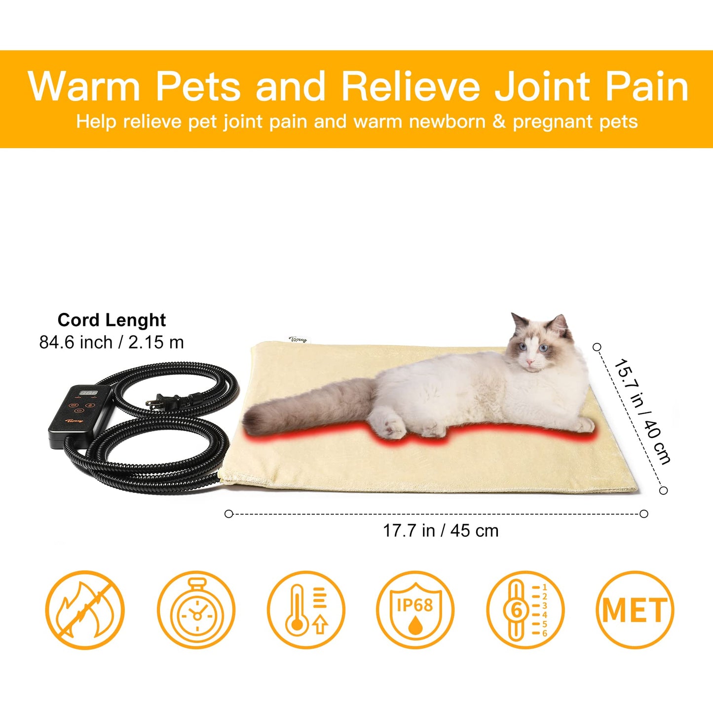 Toozey Small Pet Heating Pad, 6 Adjustable Temperature Dog Cat Heating Pad with Timer, Waterproof Heated Cat Bed with Chew Resistant Cord, Indoor Electric Pet Heated Mat 18x16in