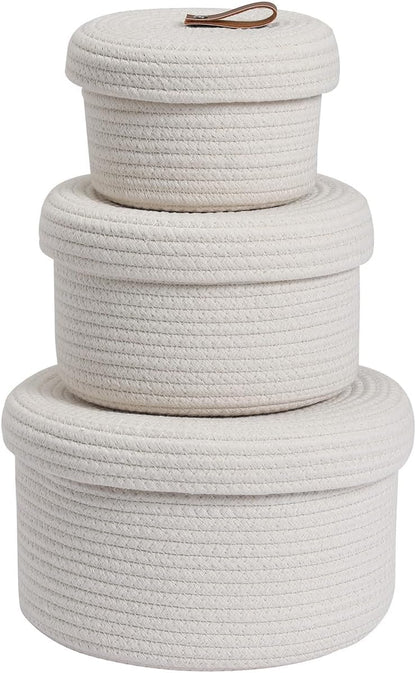 Cottonphant Set of 3 Stylish Round Woven Baskets with Lids - Elegant Storage Solution for Home Decor, Off White