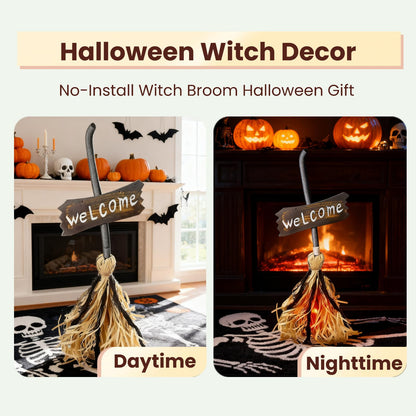 Halloween Witches Decor, Witches Broom Halloween Decor, Animated Floating Broomstick for Spooky Sounds, Haunted Party Decorations, Light-up Dancing Magic Witch Broom Porch Decor