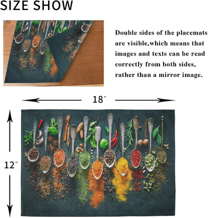 Cooking Herbs Spices Placemats Set of 4, Washable Non-Slip Heat Resistant Place Mats for Kitchen