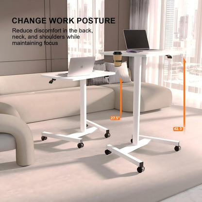 MPETAPT 28-Inch Mobile Standing Desk, Computer Workstations with Cup Holder, Portable Standing Desk with Lockable Wheels, Rolling Table for Home Office Classroom Hospital (Snow-White, Steel Classic)