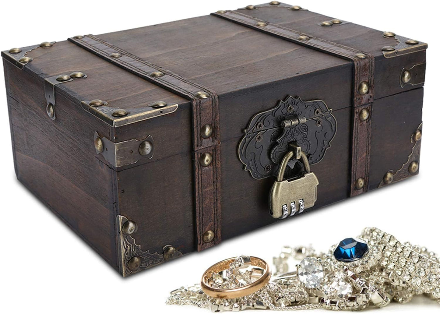 WESE Vintage Wooden Treasure Chest, Handcrafted Jewelry Storage Box with Lock, Large Capacity for Kids' Birthday Party